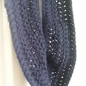 Navy blue hand knit circle scarf.